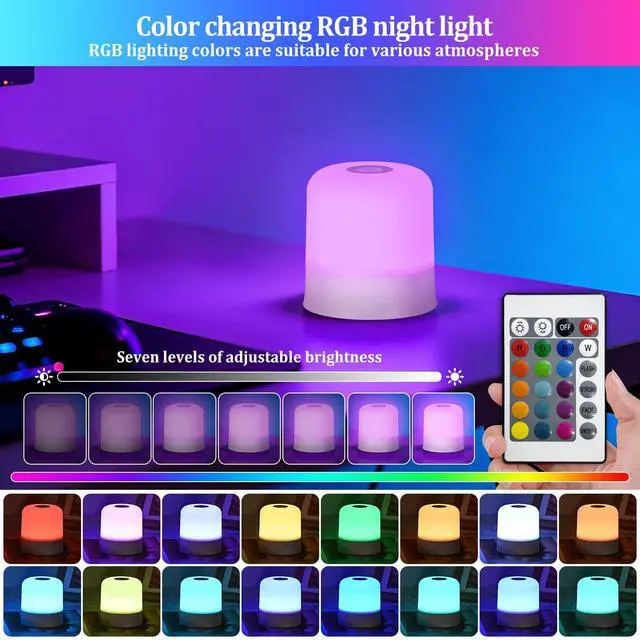 Alt view image 3 of 6 - Night Light Bedside Lamp with Touch and Remote Control, 13 RGB Colors Changing 5 Brightness Dimmable Table lamp, Rechargeable Portable Desk Lamp for Baby Kids Nursery Bedroom Outdoor Camping