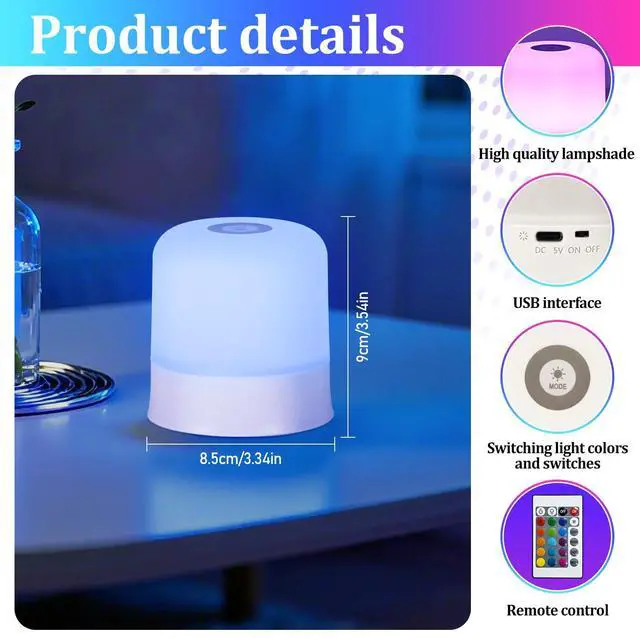 Alt view image 6 of 6 - Night Light Bedside Lamp with Touch and Remote Control, 13 RGB Colors Changing 5 Brightness Dimmable Table lamp, Rechargeable Portable Desk Lamp for Baby Kids Nursery Bedroom Outdoor Camping