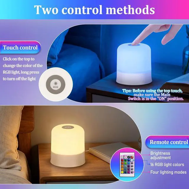Alt view image 5 of 6 - Night Light Bedside Lamp with Touch and Remote Control, 13 RGB Colors Changing 5 Brightness Dimmable Table lamp, Rechargeable Portable Desk Lamp for Baby Kids Nursery Bedroom Outdoor Camping