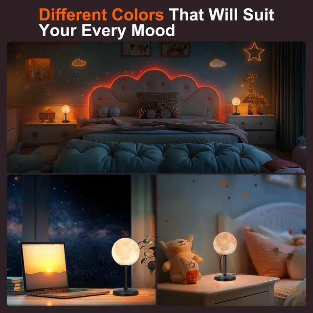 Alt view image 4 of 7 - Moon Lamp LED Night Light - Dimmable Bedside Lamps Small Modern Bedroom Lamp LED Desk Light with 25 Lighting Modes 3D Printed Realistic Moon Surface - Perfect for Girls Boys Kids Birthday