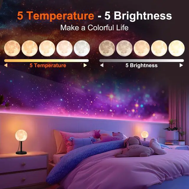 Alt view image 5 of 7 - Moon Lamp LED Night Light - Dimmable Bedside Lamps Small Modern Bedroom Lamp LED Desk Light with 25 Lighting Modes 3D Printed Realistic Moon Surface - Perfect for Girls Boys Kids Birthday