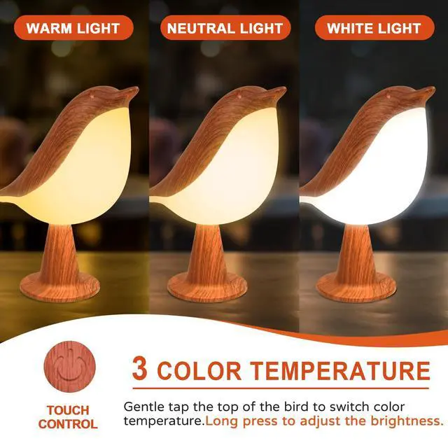 Alt view image 2 of 7 - Small Desk Lamp, Bird Bedside Light with 3 Color Temperature and Touch Sensor, Cordless Kids Night Light, Rechargeable Battery for Bedroom Nightstand Table - Red