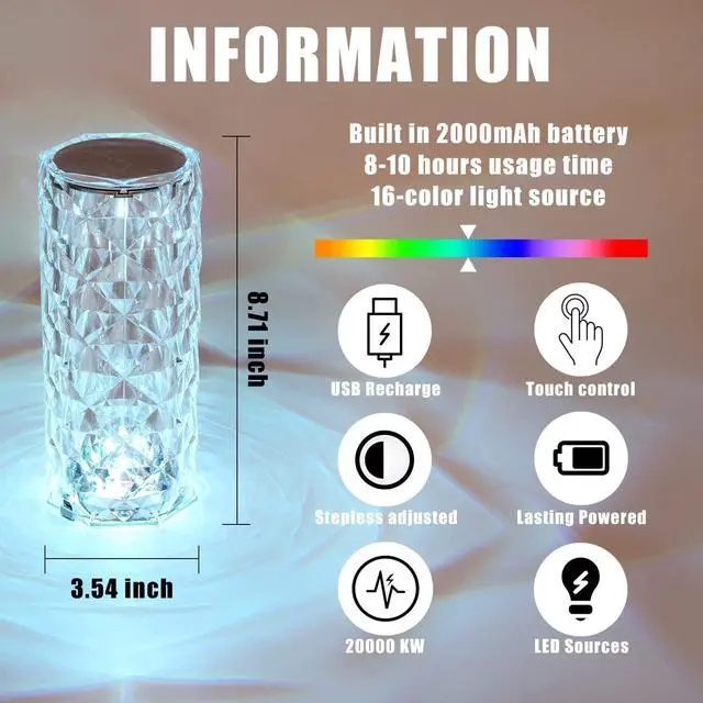 Alt view image 3 of 6 - Crystal Table Lamp RGB Color Changing Night Light,Romantic LED Rose Diamond Touch Lamps for Living Room (Remote & Touch)