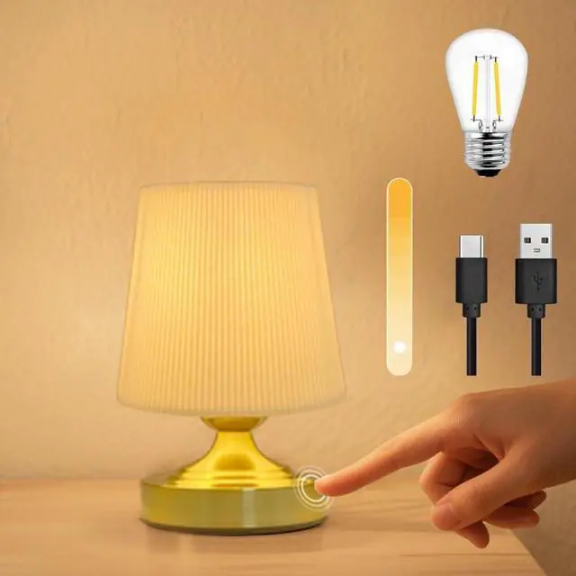 Main image of Cordless Rechargeable Fabric Table Lamps, Battery Operated Table Lamp, Stepless Dimmable for Patio Living Room Bedroom (Bulb Included), Golden Base & White Shade, Dual Color Temperatures
