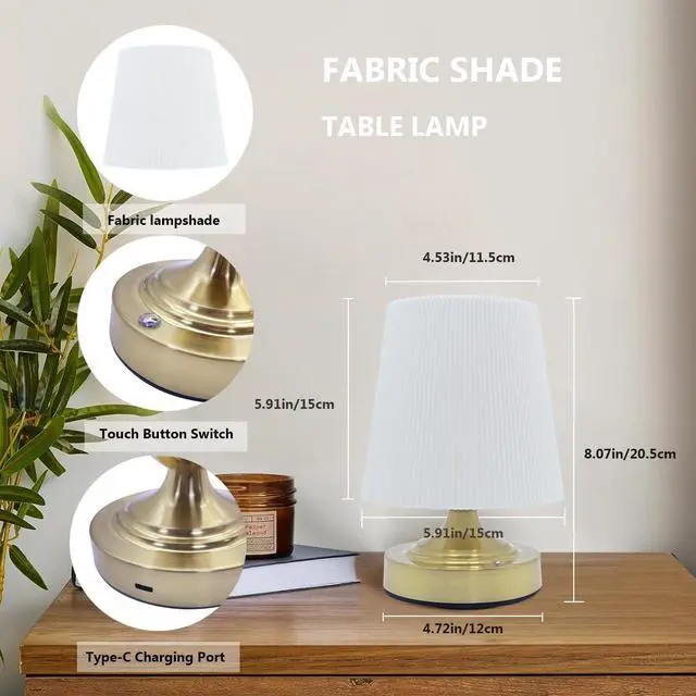 Alt view image 3 of 7 - Cordless Rechargeable Fabric Table Lamps, Battery Operated Table Lamp, Stepless Dimmable for Patio Living Room Bedroom (Bulb Included), Golden Base & White Shade, Dual Color Temperatures