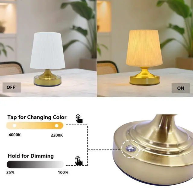Alt view image 4 of 7 - Cordless Rechargeable Fabric Table Lamps, Battery Operated Table Lamp, Stepless Dimmable for Patio Living Room Bedroom (Bulb Included), Golden Base & White Shade, Dual Color Temperatures