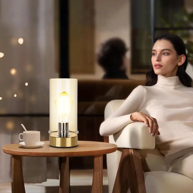 Alt view image 3 of 6 - Table Lamp for Bedroom Living Room, Bedside Modern Nightstand Lamp with Glass Lamp Shape, 2700K 6W Glass Bulb Included(Gold).