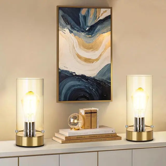 Alt view image 4 of 6 - Table Lamp for Bedroom Living Room, Bedside Modern Nightstand Lamp with Glass Lamp Shape, 2700K 6W Glass Bulb Included(Gold).