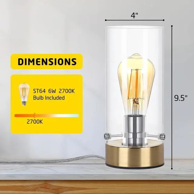 Alt view image 2 of 6 - Table Lamp for Bedroom Living Room, Bedside Modern Nightstand Lamp with Glass Lamp Shape, 2700K 6W Glass Bulb Included(Gold).