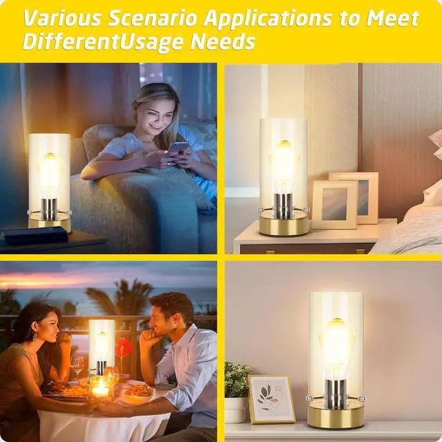 Alt view image 6 of 6 - Table Lamp for Bedroom Living Room, Bedside Modern Nightstand Lamp with Glass Lamp Shape, 2700K 6W Glass Bulb Included(Gold).