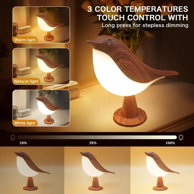 Alt view image 3 of 7 - 2 in 1 Small Desk Lamp, Bird Cordless Table Lamp with 3 Color Temperature Dimmer and Touch Sensor - Rechargeable Battery Night Light for Kids, Bedroom, Bedside, and Outdoor Use