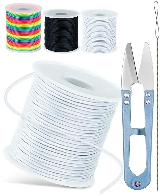 Main image of 3 Rolls FIVEIZERO Black White Colorful Elastic Cord,1mm,1.2mm,1.5mm Elastic Stretchy String for Bracelets, Sewing, Necklace, Jewelry Making and Crafts with Beading Needle and Scissors
