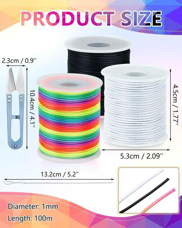 Alt view image 2 of 7 - 3 Rolls FIVEIZERO Black White Colorful Elastic Cord,1mm,1.2mm,1.5mm Elastic Stretchy String for Bracelets, Sewing, Necklace, Jewelry Making and Crafts with Beading Needle and Scissors