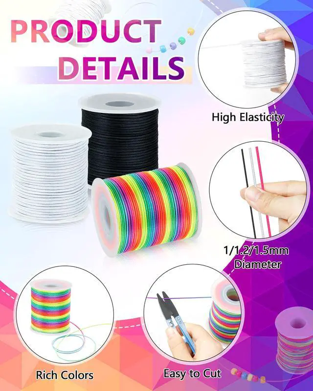 Alt view image 3 of 7 - 3 Rolls FIVEIZERO Black White Colorful Elastic Cord,1mm,1.2mm,1.5mm Elastic Stretchy String for Bracelets, Sewing, Necklace, Jewelry Making and Crafts with Beading Needle and Scissors