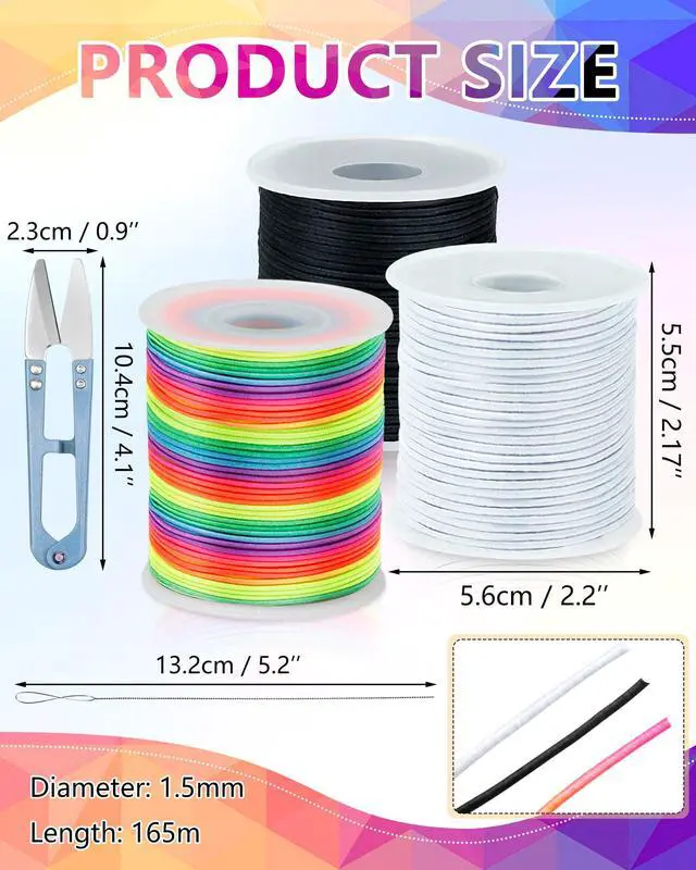 Alt view image 2 of 7 - Black White Colorful FIVEIZERO Elastic Bracelet String,1mm,1.2mm,1.5mm 3 Rolls Elastic Cord for Beading Stretchy String for Bracelets, Necklace, Jewelry Making, Sewing and Crafts with Beading Needle