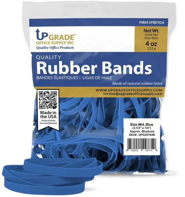 Main image of Rubber Bands, Size 64, Blue, 3 1/2 x 1/4 in, 1/4 lb Bag, 80 Count, USA