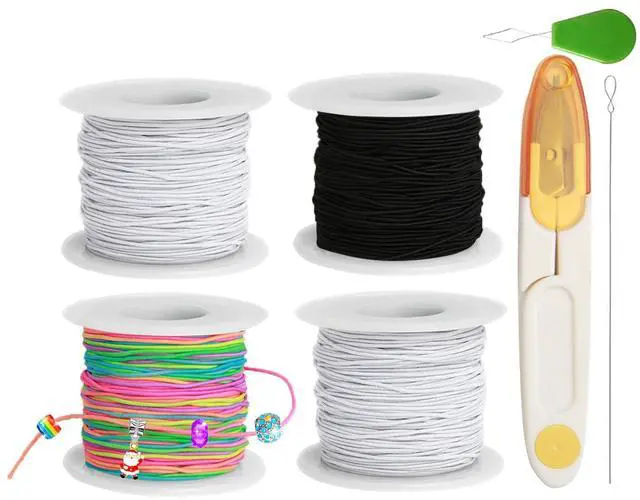 Main image of Stretchy String for Bracelet Making Kit, 4 Rolls 660 ft 1mm Elastic Cord, 2 White & 1 Black & 1 Rainbow, Includes Soft Measuring Tape & Craft Scissors for Jewelry Beading, Necklaces, DIY Crafts