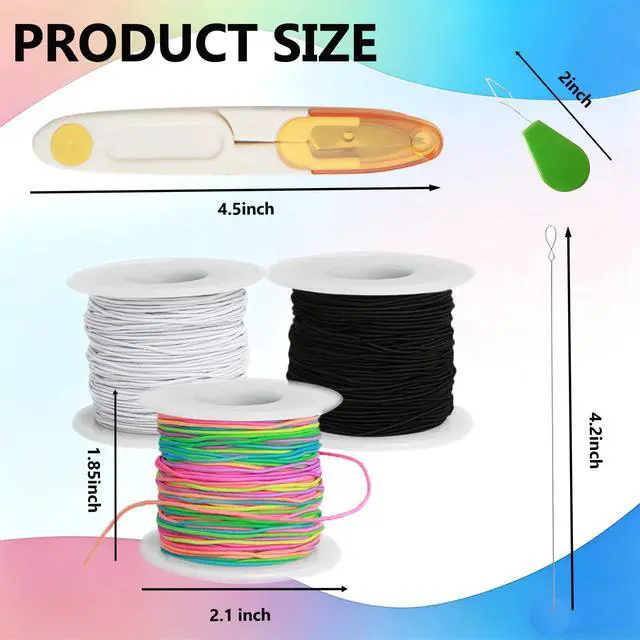 Alt view image 2 of 7 - Stretchy String for Bracelet Making Kit, 4 Rolls 660 ft 1mm Elastic Cord, 2 White & 1 Black & 1 Rainbow, Includes Soft Measuring Tape & Craft Scissors for Jewelry Beading, Necklaces, DIY Crafts
