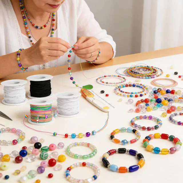 Alt view image 6 of 7 - Stretchy String for Bracelet Making Kit, 4 Rolls 660 ft 1mm Elastic Cord, 2 White & 1 Black & 1 Rainbow, Includes Soft Measuring Tape & Craft Scissors for Jewelry Beading, Necklaces, DIY Crafts