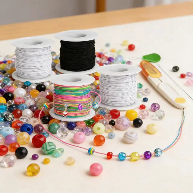 Alt view image 7 of 7 - Stretchy String for Bracelet Making Kit, 4 Rolls 660 ft 1mm Elastic Cord, 2 White & 1 Black & 1 Rainbow, Includes Soft Measuring Tape & Craft Scissors for Jewelry Beading, Necklaces, DIY Crafts