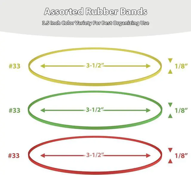 Alt view image 7 of 7 - Rubber Bands - Size 33 - Standard Office Supplies - Thick Rubber Bands - 300 Colorful Bands (Green, Red, Yellow) - 1/2 Lb - Made in USA