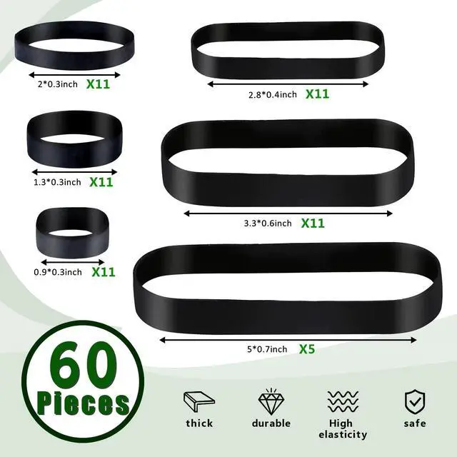 Alt view image 2 of 7 - 60 Mixed Count Heavy Duty Rubber Bands 6 Size Black Thick Wide Rubber Bands Assorted Size for Hiking Camping Survival Sports Supplies (Black)