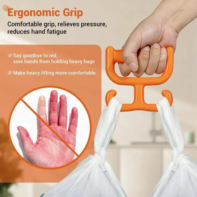 Alt view image 2 of 7 - 2 Pack Grocery Bag Shopping Bag Carrier Holder Handle for Plastic Bags, Each Holds 100lbs Durable Multi Purpose Heavy Duty Comfortable Grip (Orange)