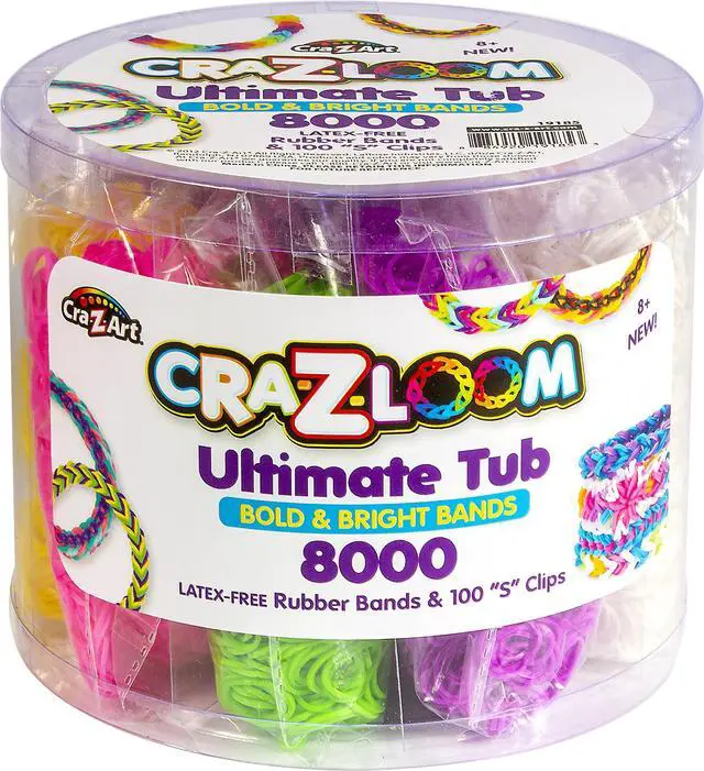 Main image of Loom Ultimate Tub 8000 Latex Free Rubber Bands and 100 S Clips for Making Crafts in Bold and Bright Colors, multi