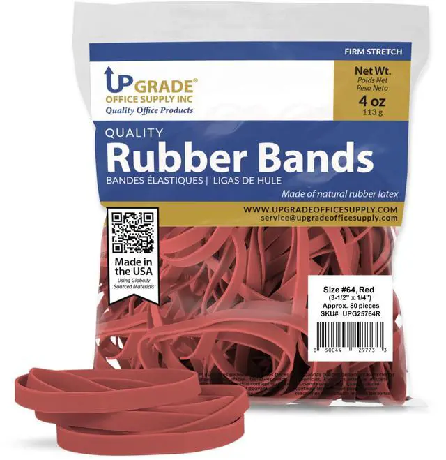 Main image of Rubber Bands, Size 64, Red, 3 1/2 x 1/4 in, 1/4 lb Bag, 80 Count, USA
