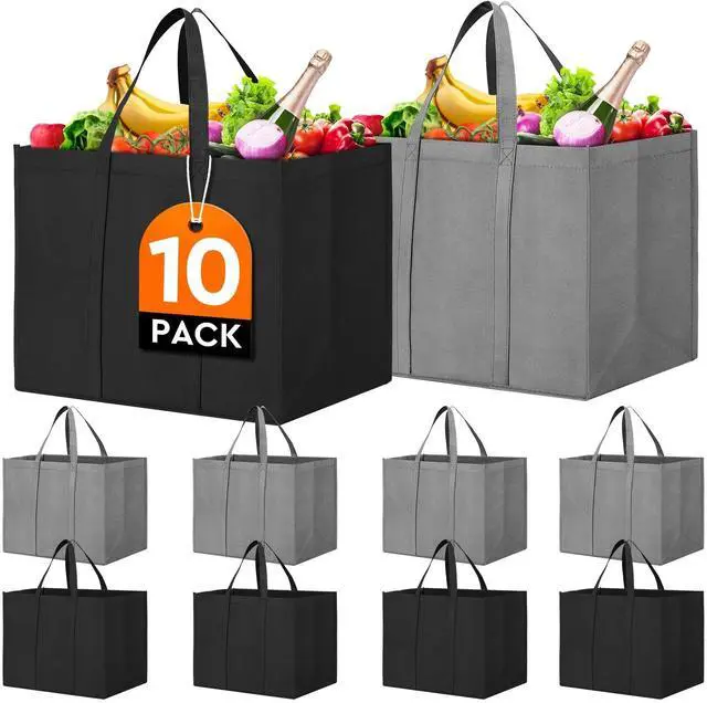 Main image of Reusable Grocery Shopping Bags 10 Pack Large Foldable Tote Bags Bulk, Eco Produce Bags with Long Handle for Shopping Groceries Clothes (Grey&Black)