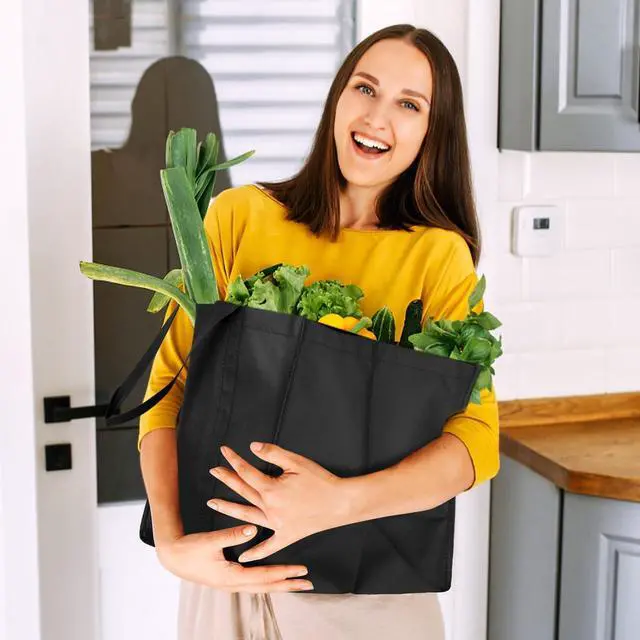 Alt view image 2 of 7 - Reusable Grocery Shopping Bags 10 Pack Large Foldable Tote Bags Bulk, Eco Produce Bags with Long Handle for Shopping Groceries Clothes (Grey&Black)