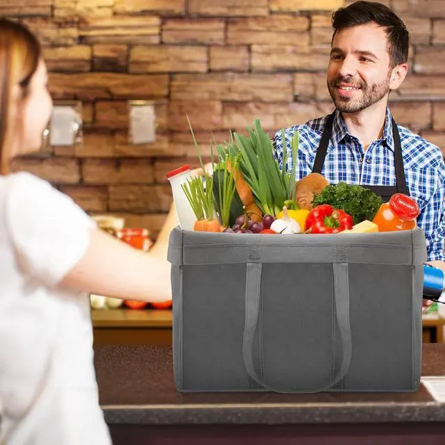 Alt view image 3 of 7 - Reusable Grocery Shopping Bags 10 Pack Large Foldable Tote Bags Bulk, Eco Produce Bags with Long Handle for Shopping Groceries Clothes (Grey&Black)