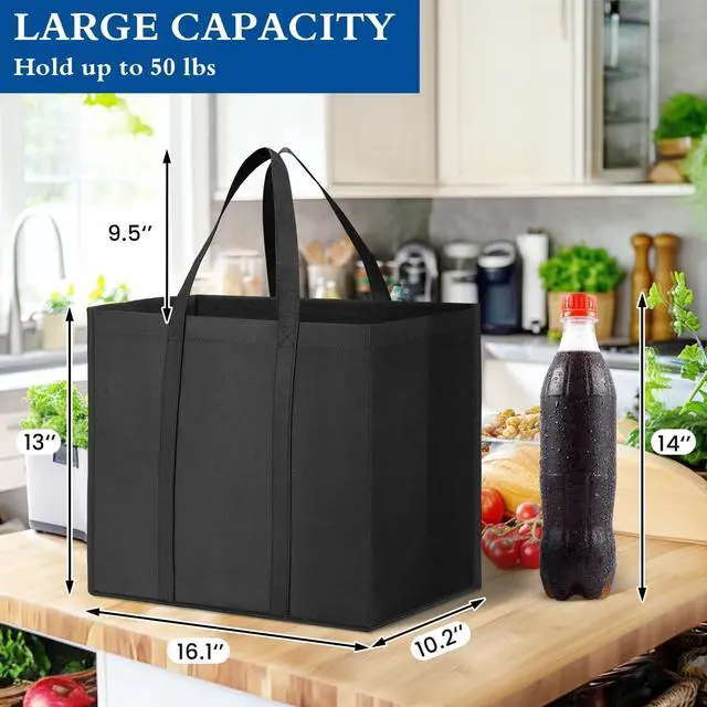 Alt view image 4 of 7 - Reusable Grocery Shopping Bags 10 Pack Large Foldable Tote Bags Bulk, Eco Produce Bags with Long Handle for Shopping Groceries Clothes (Grey&Black)