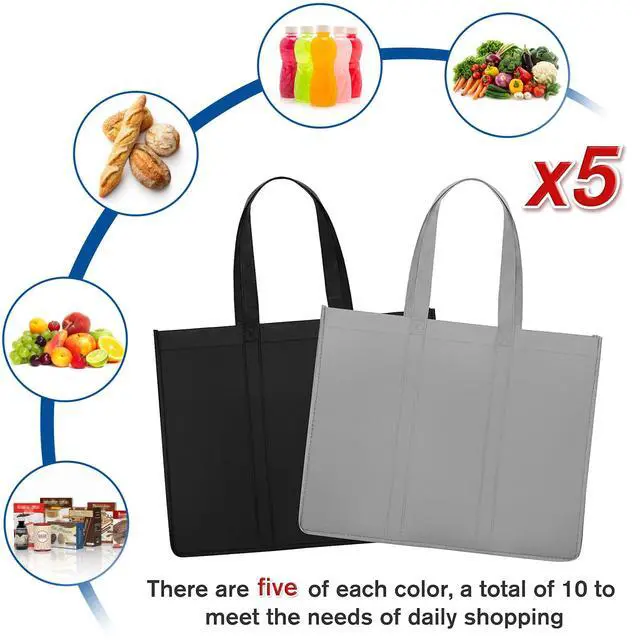 Alt view image 5 of 7 - Reusable Grocery Shopping Bags 10 Pack Large Foldable Tote Bags Bulk, Eco Produce Bags with Long Handle for Shopping Groceries Clothes (Grey&Black)