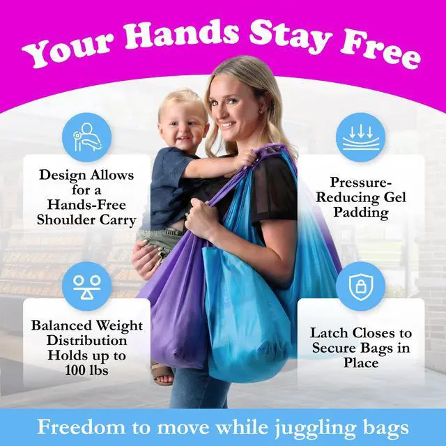 Alt view image 3 of 7 - Grocery Bag Carrier Handle - Carry More in Fewer Trips, 100lb Capacity, Hands-Free, Gel-Padded Ergonomic Design, Shopping & Grocery Bag Holder - As Seen On Shark Tank, Purple, 1 Pack