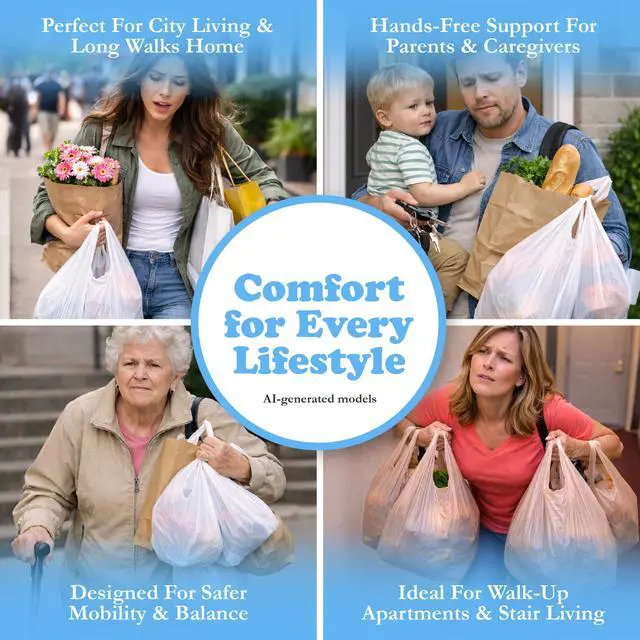 Alt view image 7 of 7 - Grocery Bag Carrier Handle - Carry More in Fewer Trips, 100lb Capacity, Hands-Free, Gel-Padded Ergonomic Design, Shopping & Grocery Bag Holder - As Seen On Shark Tank, Blue, 1 Pack