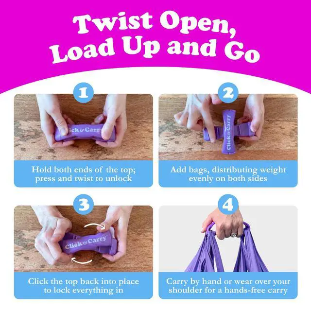 Alt view image 6 of 7 - Grocery Bag Carrier Handle - Carry More in Fewer Trips, 100lb Capacity, Hands-Free, Gel-Padded Ergonomic Design, Shopping & Grocery Bag Holder - As Seen On Shark Tank, Purple, 1 Pack