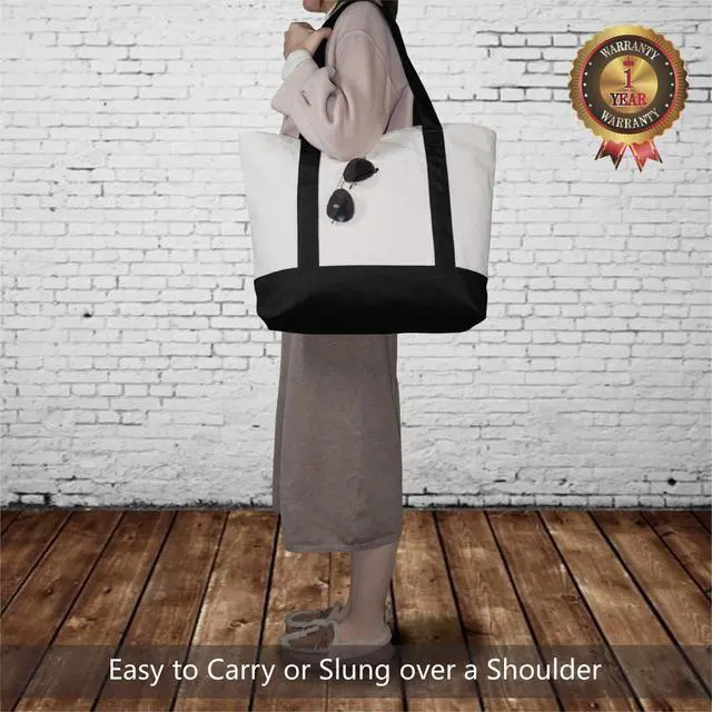 Alt view image 2 of 7 - 1 | 3 | 6 | 30 Pack Canvas Tote Bag with an External Pocket, Reusable Grocery Shopping Bag, Top Zipper Closure, Daily Essentials (Black/Natural Pack of 1)