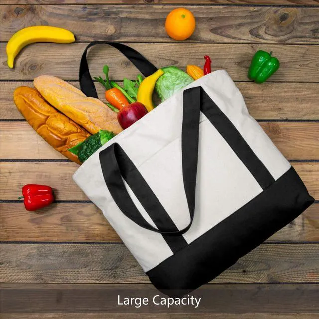 Alt view image 4 of 7 - 1 | 3 | 6 | 30 Pack Canvas Tote Bag with an External Pocket, Reusable Grocery Shopping Bag, Top Zipper Closure, Daily Essentials (Black/Natural Pack of 1)