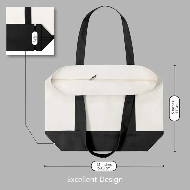 Alt view image 5 of 7 - 1 | 3 | 6 | 30 Pack Canvas Tote Bag with an External Pocket, Reusable Grocery Shopping Bag, Top Zipper Closure, Daily Essentials (Black/Natural Pack of 1)