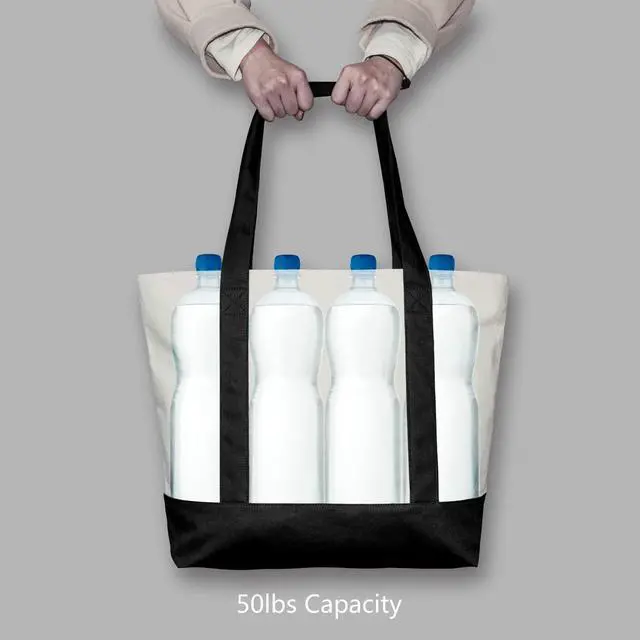 Alt view image 6 of 7 - 1 | 3 | 6 | 30 Pack Canvas Tote Bag with an External Pocket, Reusable Grocery Shopping Bag, Top Zipper Closure, Daily Essentials (Black/Natural Pack of 1)