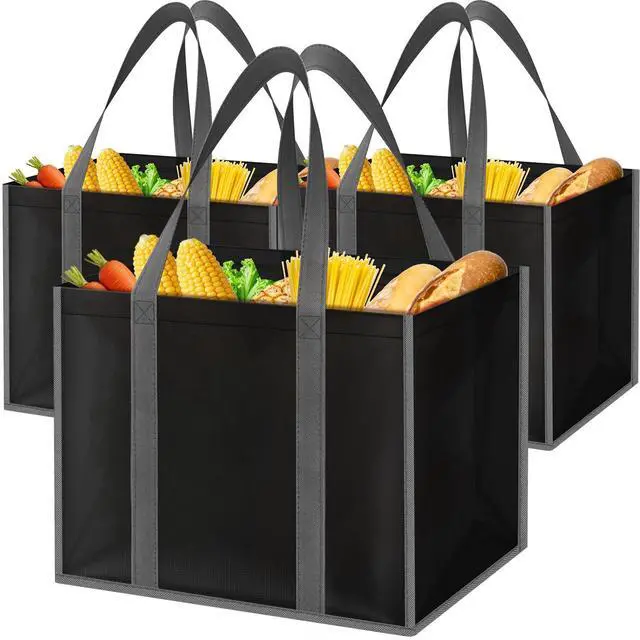 Main image of Reusable Grocery Bags for Shopping with Long Handles, 3 Pack, Black | Multipurpose Shopping Bags for Groceries, Foldable Grocery Totes Resist Water & Stains for Kitchen, Car Trunk, Picnic