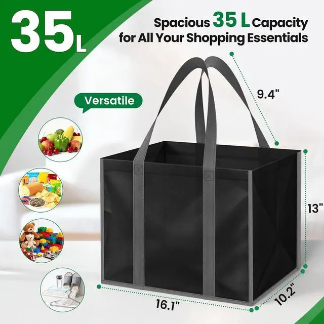 Alt view image 3 of 7 - Reusable Grocery Bags for Shopping with Long Handles, 3 Pack, Black | Multipurpose Shopping Bags for Groceries, Foldable Grocery Totes Resist Water & Stains for Kitchen, Car Trunk, Picnic