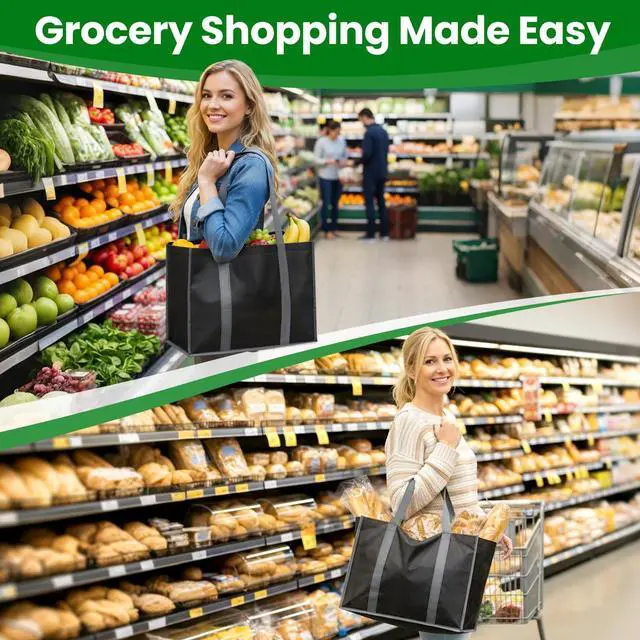 Alt view image 2 of 7 - Reusable Grocery Bags for Shopping with Long Handles, 3 Pack, Black | Multipurpose Shopping Bags for Groceries, Foldable Grocery Totes Resist Water & Stains for Kitchen, Car Trunk, Picnic