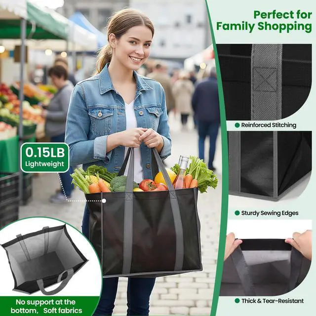 Alt view image 4 of 7 - Reusable Grocery Bags for Shopping with Long Handles, 3 Pack, Black | Multipurpose Shopping Bags for Groceries, Foldable Grocery Totes Resist Water & Stains for Kitchen, Car Trunk, Picnic