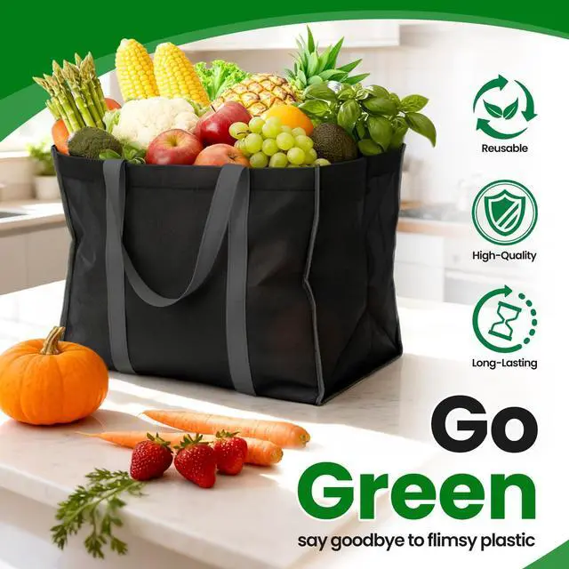 Alt view image 6 of 7 - Reusable Grocery Bags for Shopping with Long Handles, 3 Pack, Black | Multipurpose Shopping Bags for Groceries, Foldable Grocery Totes Resist Water & Stains for Kitchen, Car Trunk, Picnic
