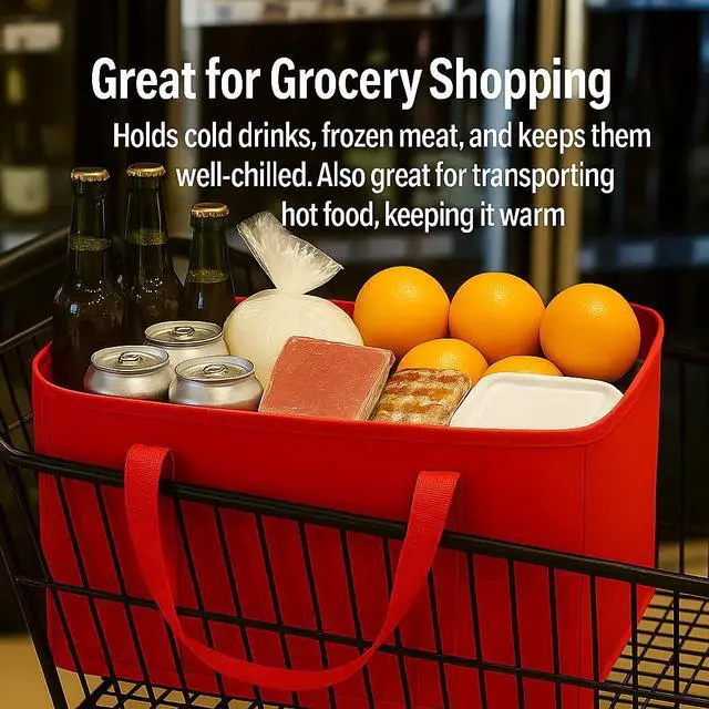 Alt view image 2 of 7 - 2-Pack XL-Large Insulated Grocery Shopping Bags, Red, Reusable, Heavy Duty, Zipped Zipper,Collapsible,Tote,Cooler,Groceries,for car,Recycled Material Warm Foldable Bag