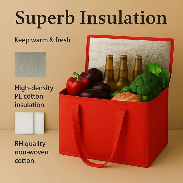 Alt view image 5 of 7 - 2-Pack XL-Large Insulated Grocery Shopping Bags, Red, Reusable, Heavy Duty, Zipped Zipper,Collapsible,Tote,Cooler,Groceries,for car,Recycled Material Warm Foldable Bag