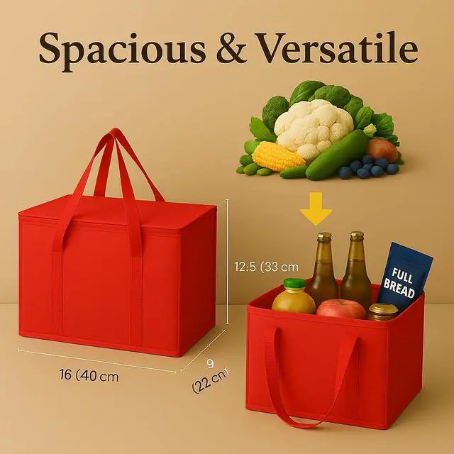Alt view image 6 of 7 - 2-Pack XL-Large Insulated Grocery Shopping Bags, Red, Reusable, Heavy Duty, Zipped Zipper,Collapsible,Tote,Cooler,Groceries,for car,Recycled Material Warm Foldable Bag