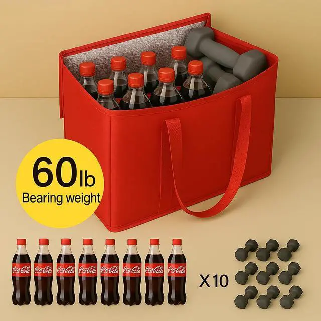 Alt view image 7 of 7 - 2-Pack XL-Large Insulated Grocery Shopping Bags, Red, Reusable, Heavy Duty, Zipped Zipper,Collapsible,Tote,Cooler,Groceries,for car,Recycled Material Warm Foldable Bag